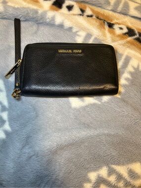 Michael Kors Black Pebbled Leather Zip Wallet with Gold Logo